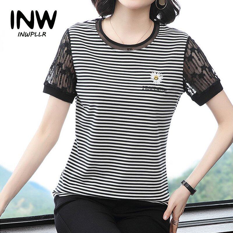 INWPLLR New Arrival Women Tshirt Daisy Embroidery Tops Fashion Stitching Short Sleeve Top Tee Ladies