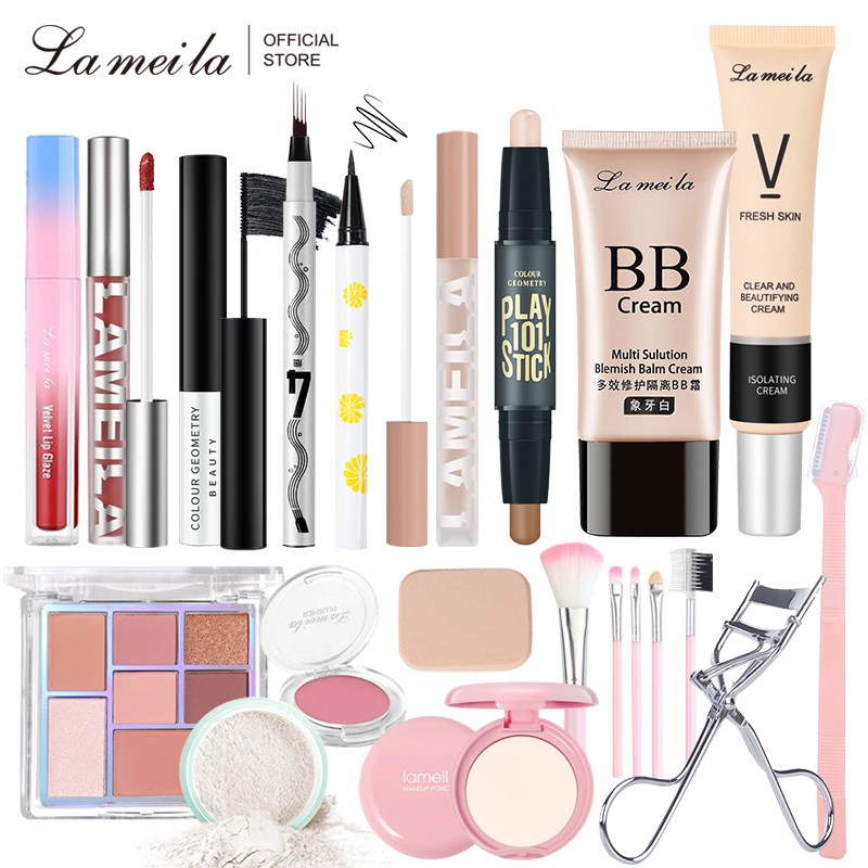 LAMEILA 17pcs Foundations Gift Eyebrow Pencil Charming Eyeshadow Palette Matte Lipstick Long Lasting Mascara Waterproof Professional Travel Portable Makeup Set