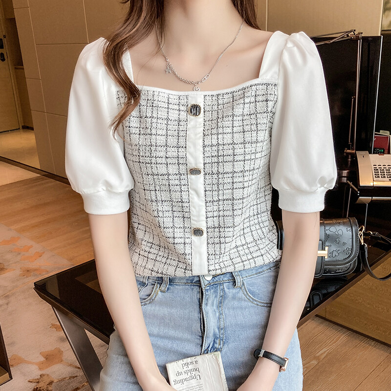 YIGE summer Korean women's plaid square collar blouse plus size elegant temperament