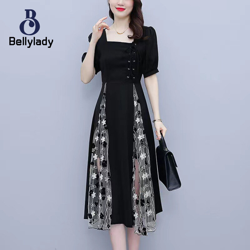 Women Square Collar Dress Large Size Lantern Sleeves Long Skirt Short Sleeves Mesh Dress
