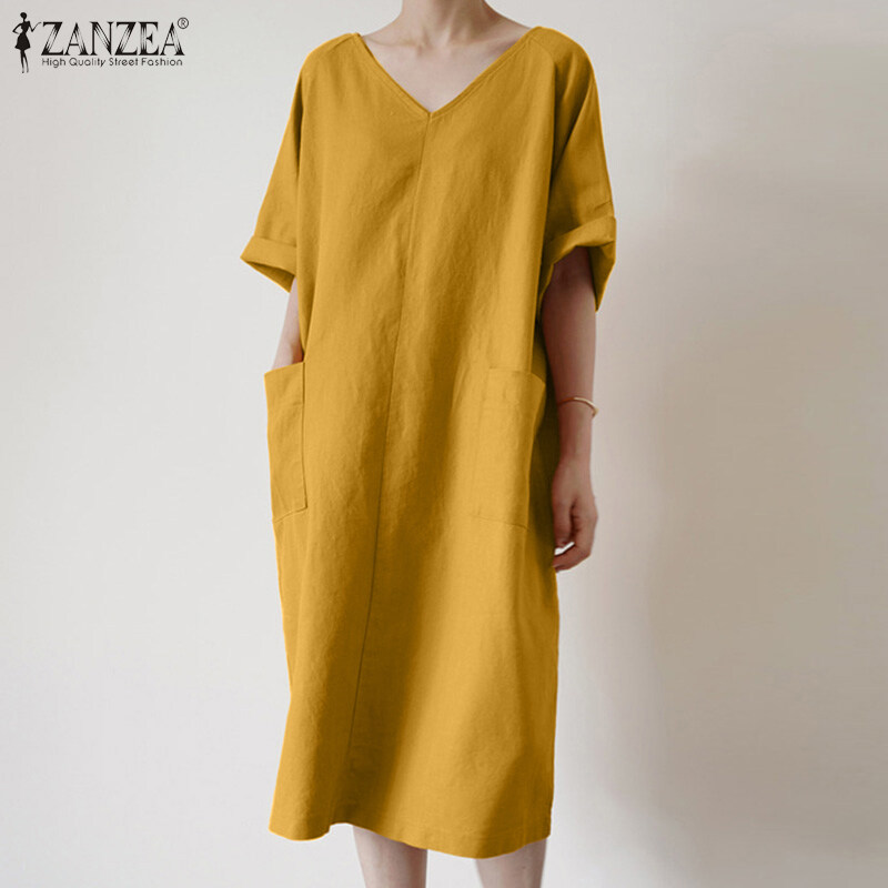 ZANZEA Women Summer Short Sleeve V Neck Dress Oversized Solid Color T Shirt Midi Dresses