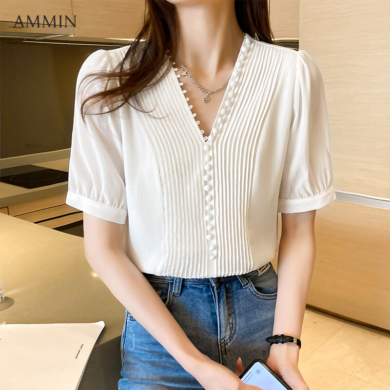 AMMIN Tops 2021 summer new style Korean version of pleated V-neck Western style elegant short-sleeved chiffon shirt women's single-breasted buckle buttons embellished sweet commuter women's blouse