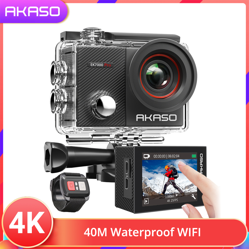 AKASO EK7000 Pro 4K/25fps, 2.7K/30fps, 1080P/60fps 16MP Action Camera with 2  Touch Screen EIS Adjustable View Angle 40m Waterproof Camera Remote Control Sports Camera with Helmet Accessories Kit