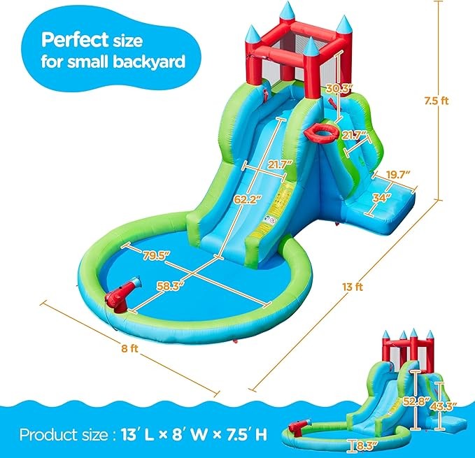 Yaheetech Inflatable Kids Water Slide, 5-in-1 Outdoor Blow Up Slide for Kids Aged 3-8 with Water Cannon, Basketball Hoop, Climbing Wall, Storage Bag & 350W Blower